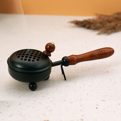 Round Metal Dhoop Dani with Handle | Dhuni Burner | Bakhoor Burner | Dhuna for Pooja | Dhoop Holder with Wooden Handle