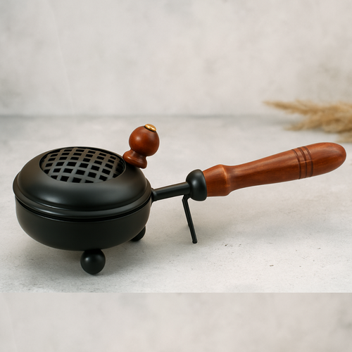 Round Metal Dhoop Dani with Handle | Dhuni Burner | Bakhoor Burner | Dhuna for Pooja | Dhoop Holder with Wooden Handle