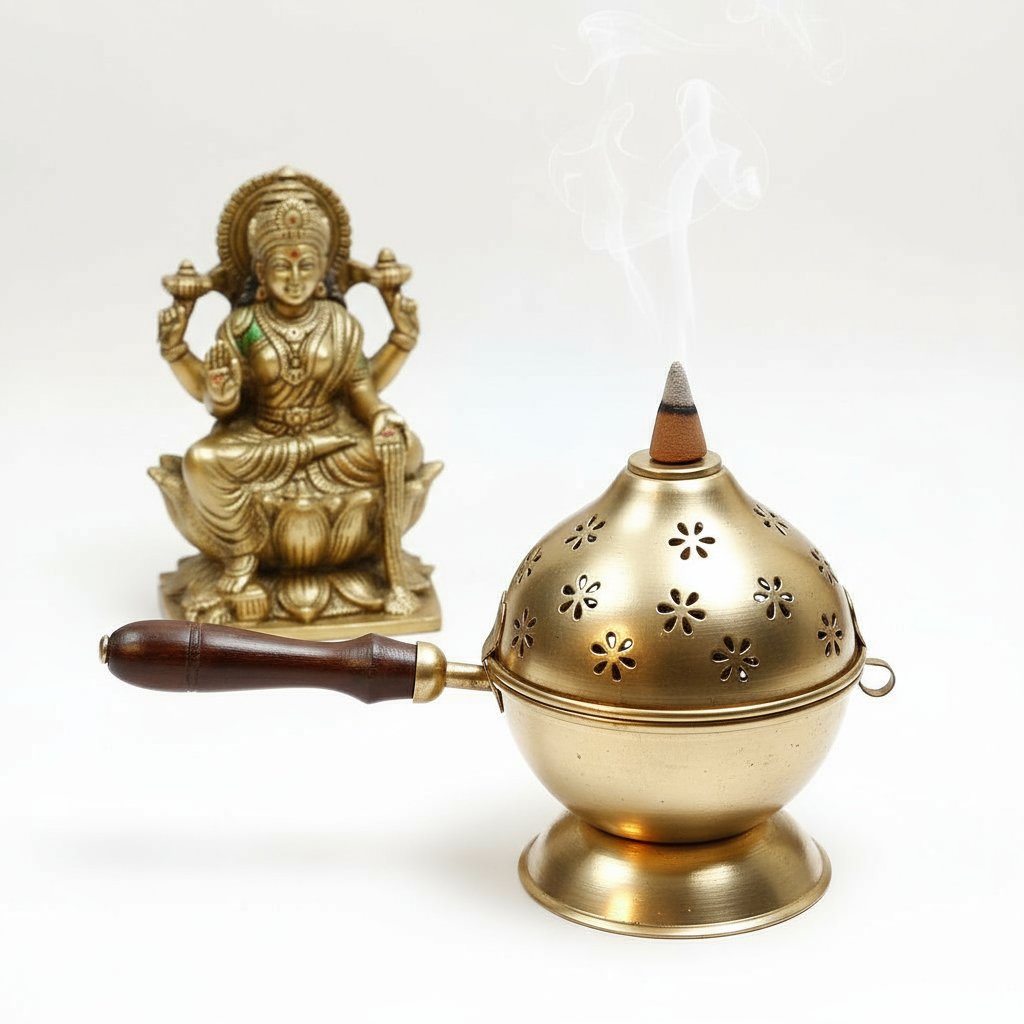 Golden Polish Metal Dhoop Dani with Handle | Metal Dhoop Dani | Incense Burner Holder | Sambrani Holder