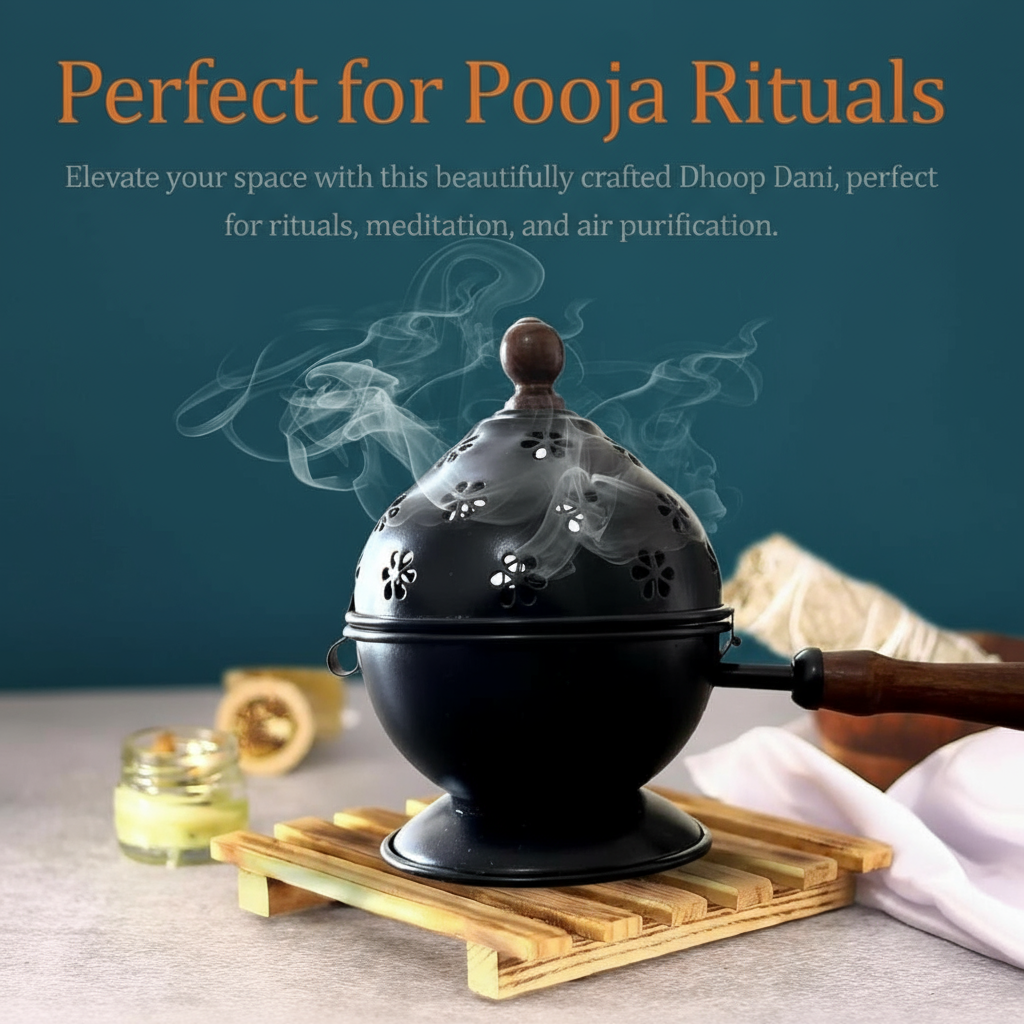 Amrutvayu Black Metal Dhoop Dani with Handle