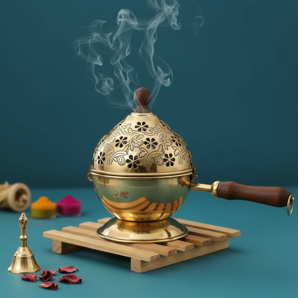 Golden Polish Metal Dhoop Dani with Handle | Metal Dhoop Dani | Incense Burner Holder | Sambrani Holder