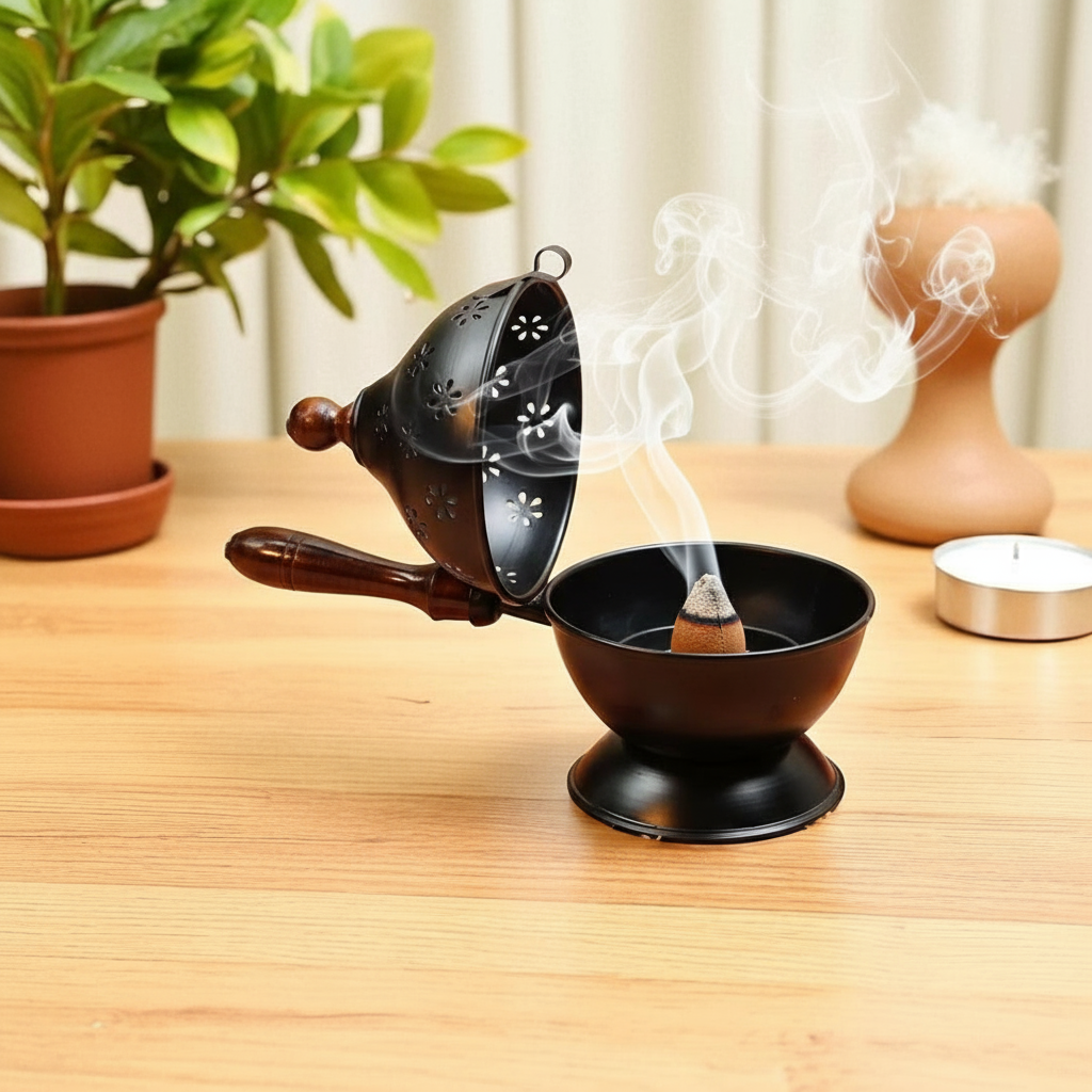 Amrutvayu Black Metal Dhoop Dani with Handle
