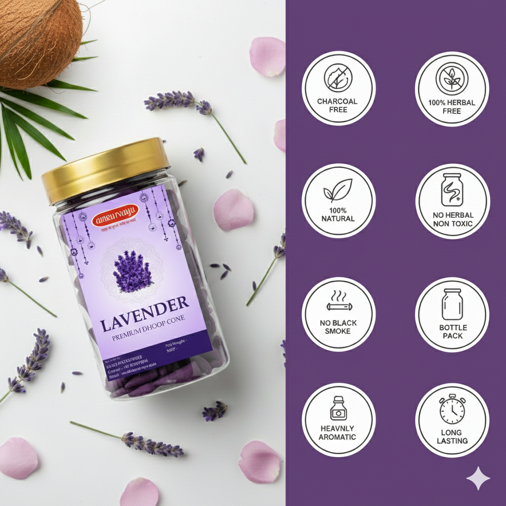 Premium Lavender Dhoop Cones for Pooja | 100% Charcoal-Free & Bamboo-Less | The Sacred Scent of Prosperity