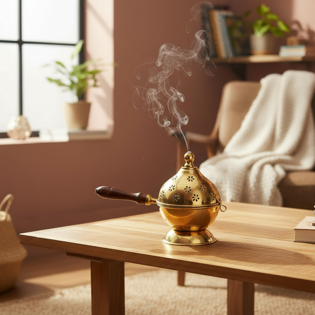 Golden Polish Metal Dhoop Dani with Handle | Metal Dhoop Dani | Incense Burner Holder | Sambrani Holder