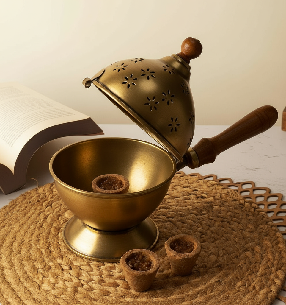 Golden Polish Metal Dhoop Dani with Handle | Metal Dhoop Dani | Incense Burner Holder | Sambrani Holder