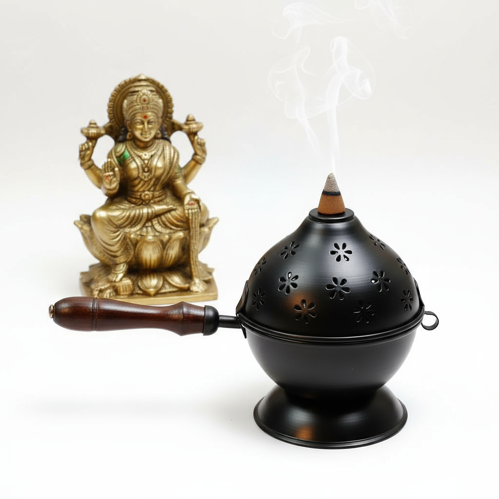 Amrutvayu Black Metal Dhoop Dani with Handle