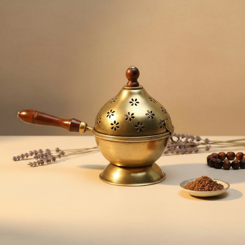 Golden Polish Metal Dhoop Dani with Handle | Metal Dhoop Dani | Incense Burner Holder | Sambrani Holder