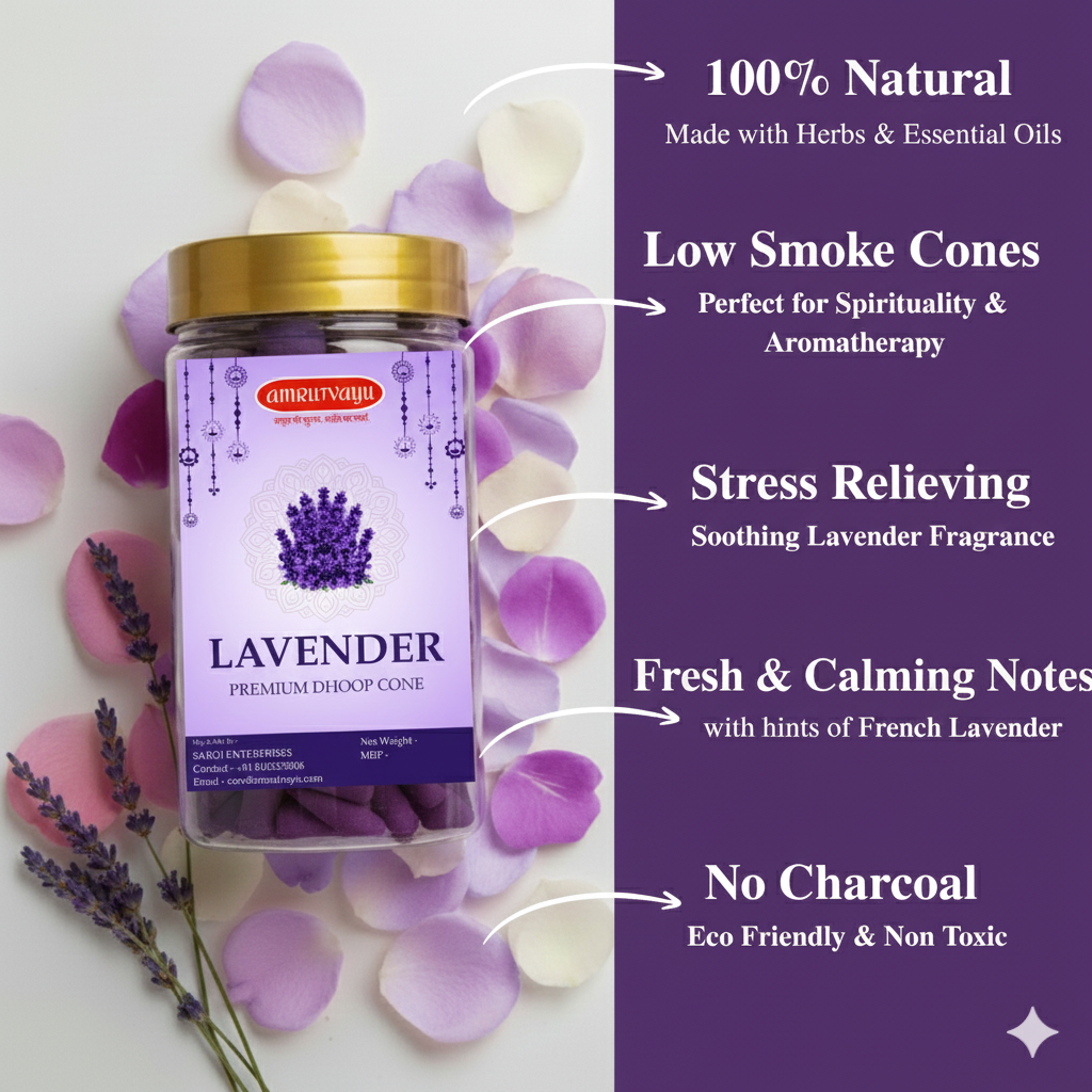 Premium Lavender Dhoop Cones for Pooja | 100% Charcoal-Free & Bamboo-Less | The Sacred Scent of Prosperity