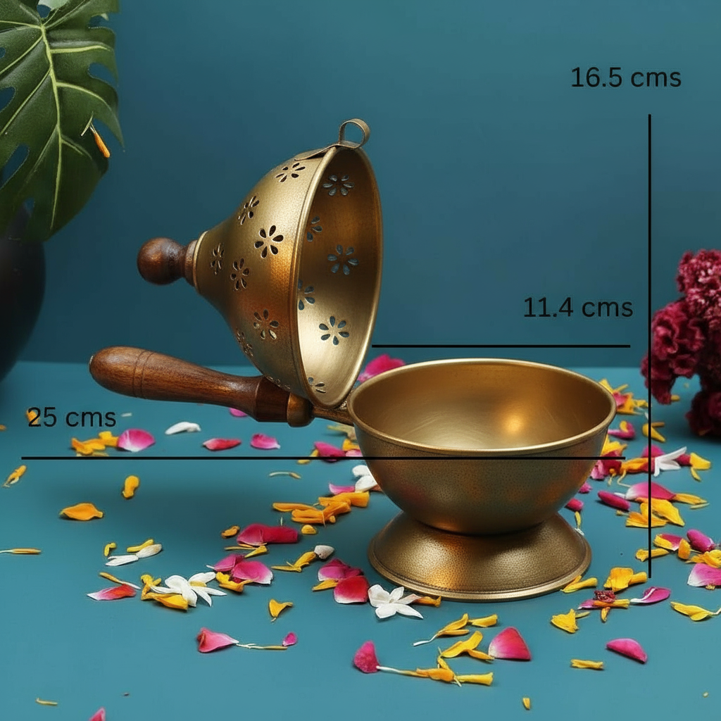 Golden Polish Metal Dhoop Dani with Handle | Metal Dhoop Dani | Incense Burner Holder | Sambrani Holder