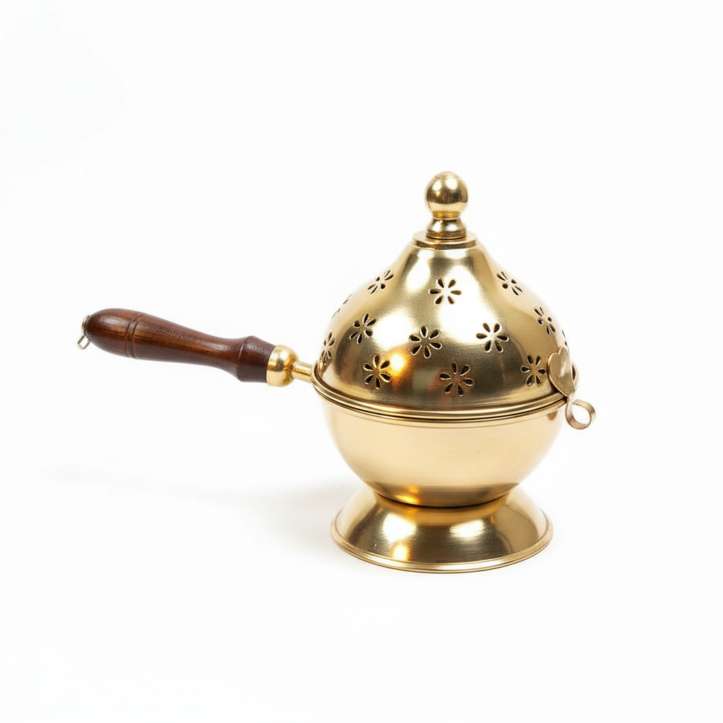 Golden Polish Metal Dhoop Dani with Handle | Metal Dhoop Dani | Incense Burner Holder | Sambrani Holder