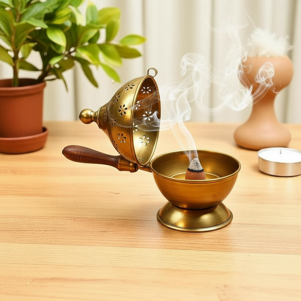 Golden Polish Metal Dhoop Dani with Handle | Metal Dhoop Dani | Incense Burner Holder | Sambrani Holder