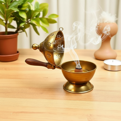 Golden Polish Metal Dhoop Dani with Handle | Metal Dhoop Dani | Incense Burner Holder | Sambrani Holder