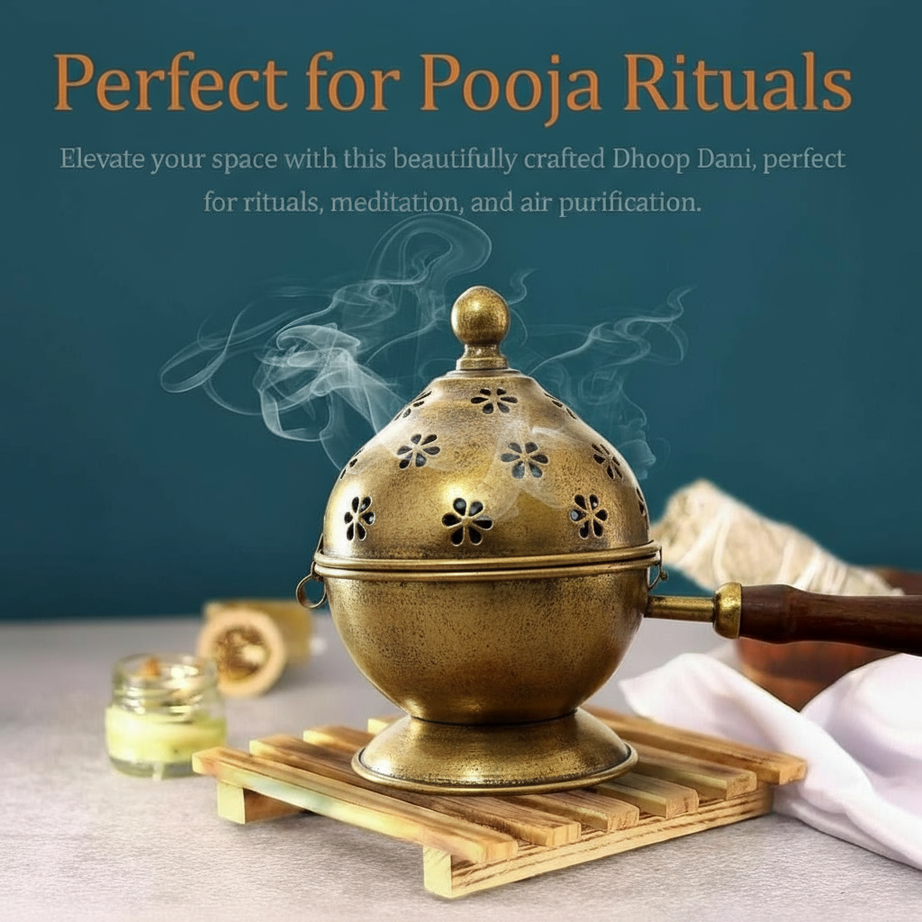 Golden Polish Metal Dhoop Dani with Handle | Metal Dhoop Dani | Incense Burner Holder | Sambrani Holder